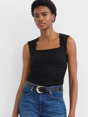Loft Black Stretchy Ruched Square Neck Semi Cropped Top